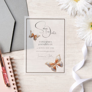 Vlinderjuweel sinaasappel Silver Save the date Vellum Uitnodigingen
