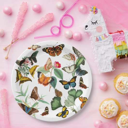  vlinderkunst, veel soorten en kleuren, wit papieren bordje (Feest)