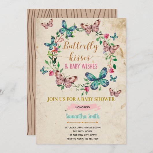 Vlinderkusjes en verjaardagswensen uitnodiging (Voorkant / Achterkant)