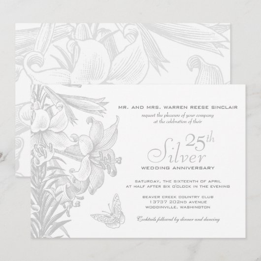 Vlinderlelies Zilveren 25-jarig huwelijksjubileum Kaart (Voorkant / Achterkant)