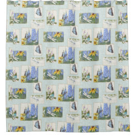 Vlinderlibel op vogel Daisy Delphinium bloem Douchegordijn