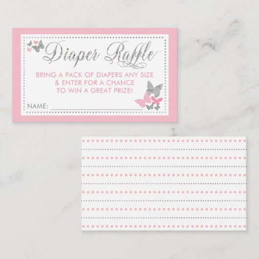 Vlinderluier Raffle Ticket, Roze, Zilver Visitekaartje (Voorkant / Achterkant)