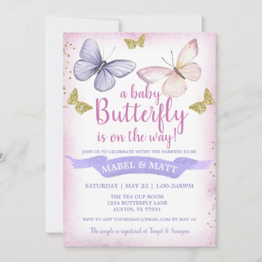 Vlindermeisje Baby Shower Uitnodiging Roze Paars  (Voorkant)