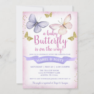 Vlindermeisje Baby Shower Uitnodiging Roze Paars 