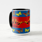 Vlindermok in blauw, geel & rood mok (Voorkant links)