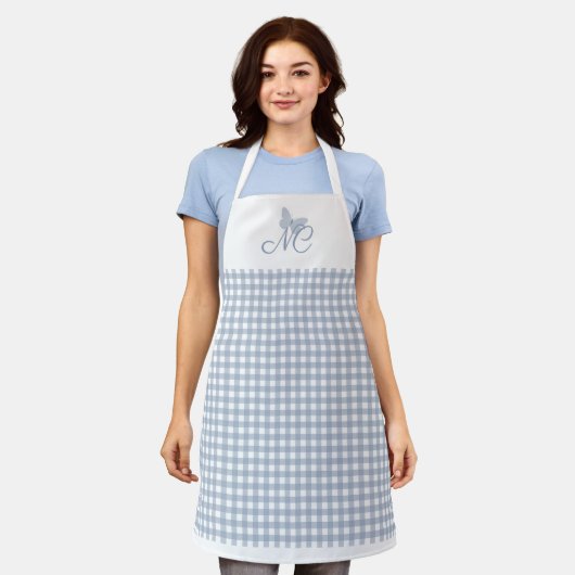 Vlindermonogram Dusty Blue Gingham controles Schort (Gedragen)