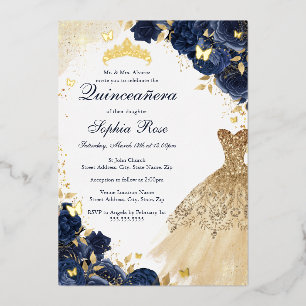 Vlindermot Bloemige Jurk Navy Goud Quinceanera Folie Uitnodiging