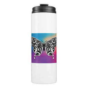 Vlinderontwerp met kleuren van de zonsondergang thermosbeker
