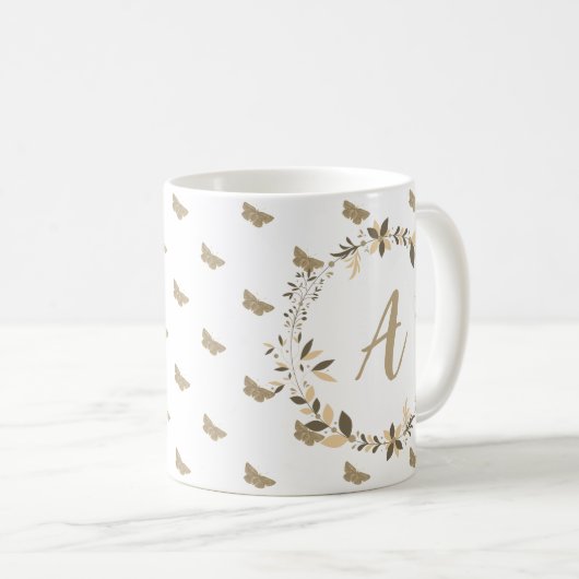 Vlinderpatroon Girly Schattige Modern Monogram Koffiemok (Voorkant rechts)