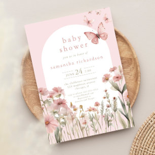 Vlinderroze bloemen wilde bloemen meisje baby show kaart