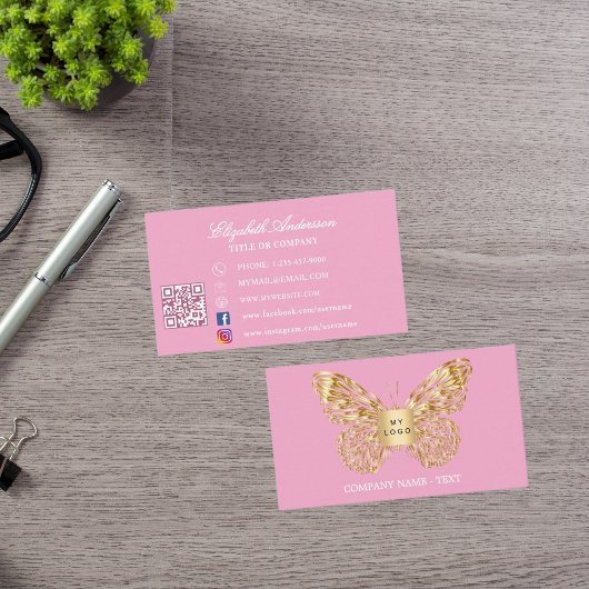 Vlinderroze gouden logo QR-code Visitekaartje