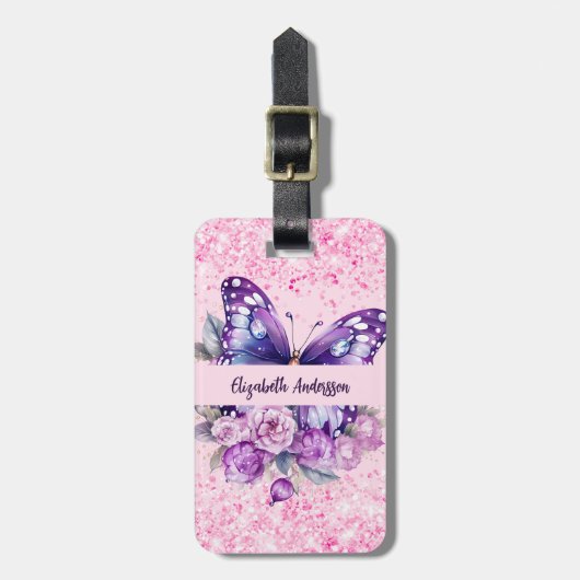 Vlinderroze paarse bloemen bagagelabel (Voorkant verticaal)