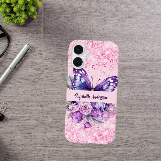 Vlinderroze paarse bloemen Case-Mate iPhone case