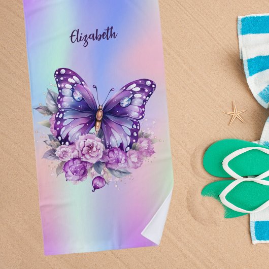 Vlinderroze paarse bloemen holografisch strandlaken