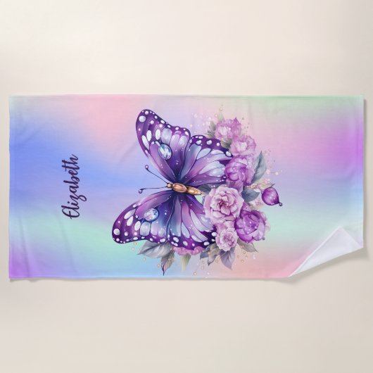 Vlinderroze paarse bloemen holografisch strandlaken (Voorkant)