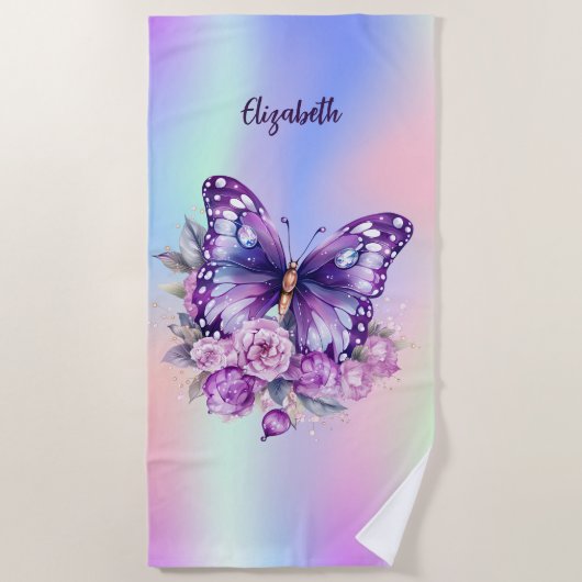 Vlinderroze paarse bloemen holografisch strandlaken (Voorkant)