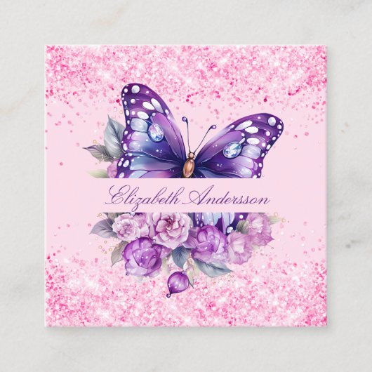 Vlinderroze paarse bloemen QR code social media Vierkante Visitekaartje (Voorkant)