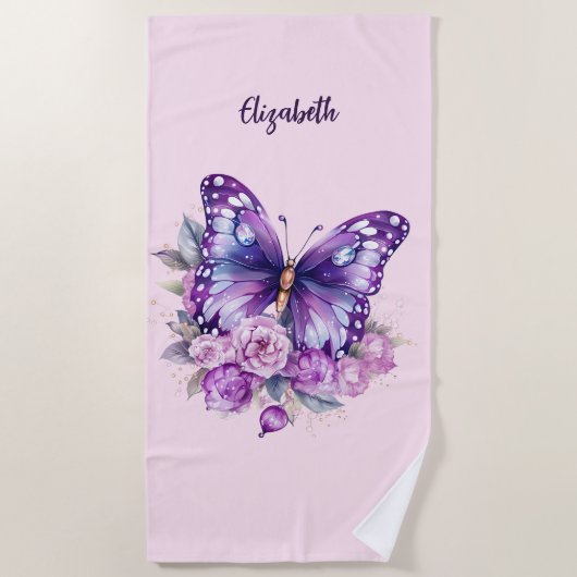 Vlinderroze paarse bloemen strandlaken (Voorkant)