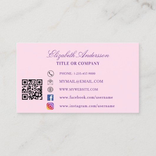 Vlinderroze paarse QR-code social media Visitekaartje (Achterkant)