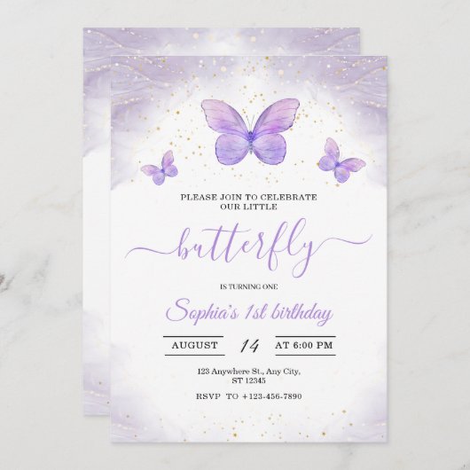 Vlinders 1e verjaardag uitnodiging meisjes verjaar (Voorkant / Achterkant)