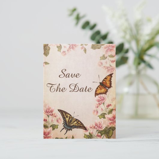Vlinders & amandelbloesem Sla de datum op Aankondigingskaart (Staand voorkant)