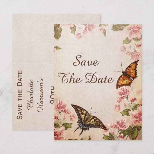 Vlinders &  amandelbloesem Sla de datum op Aankondigingskaart (Voorkant / Achterkant)