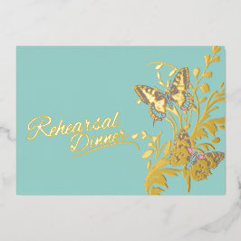 Vlinders aqua gouden bruiloft repetitie diner folie uitnodiging