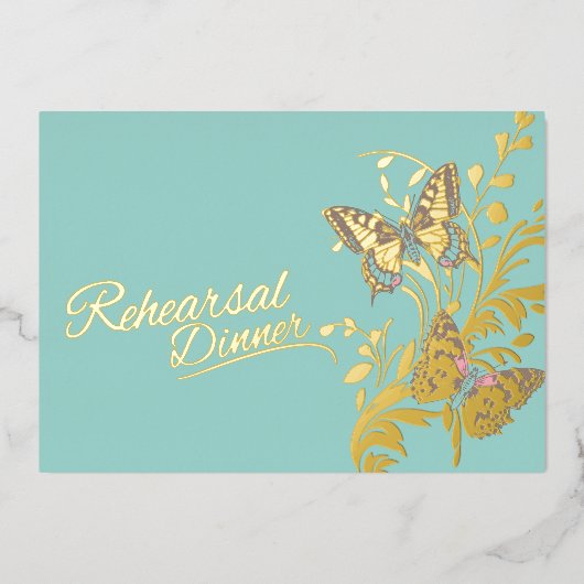 Vlinders aqua gouden bruiloft repetitie diner folie uitnodiging (Voorkant)