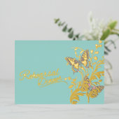 Vlinders aqua gouden bruiloft repetitie diner folie uitnodiging (Staand Voorkant)