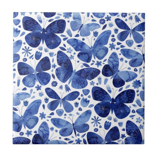 Vlinders Aquarel Blauwe Keramische Tegel Tegeltje (Voorkant)