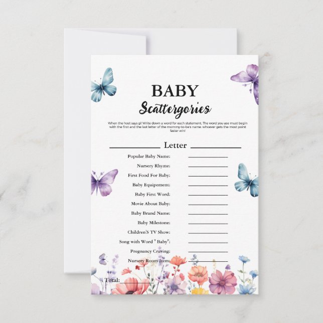 Vlinders baby scattergories baby shower spel (Voorkant)
