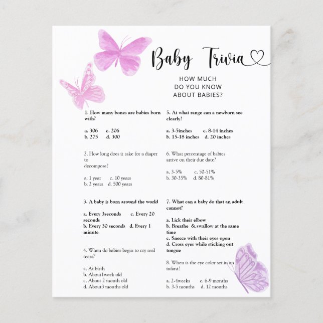 Vlinders - Baby Trivia | Baby Shower Spel (Voorkant)