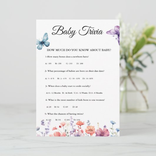 Vlinders Baby trivia Baby shower spel Kaart (Staand voorkant)