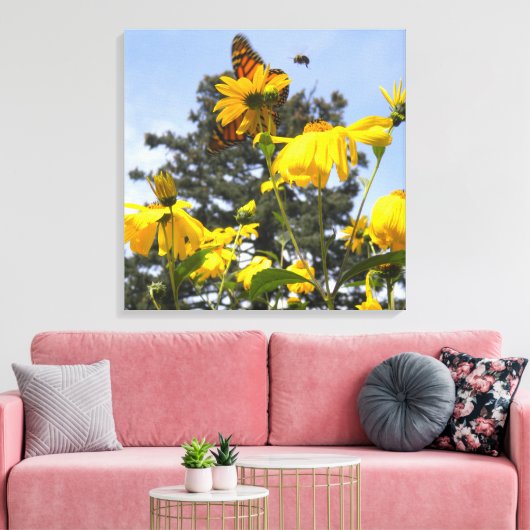 Vlinders, Bijen N Zonnebloemen verpakt canvas (Insitu (Woonkamer))