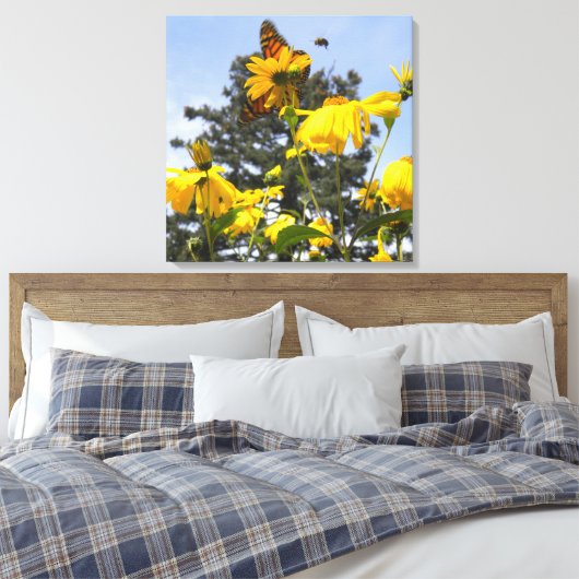 Vlinders, Bijen N Zonnebloemen verpakt canvas (Insitu (Slaapkamer))