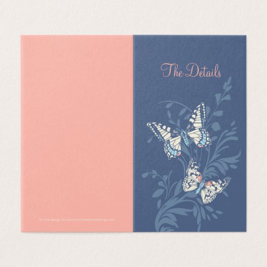 Vlinders blauw koraal bruiloft detail schema kaart (Buitenkant ongevouwen)