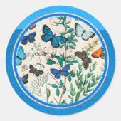 Vlinders, blauwe cirkelrand, ronde sticker (Voorkant)