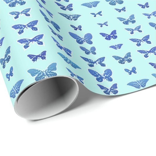 Vlinders, blauwe, lichte turquoise achtergrond cadeaupapier (Rol Hoek)
