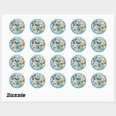 Vlinders, blauwe rand ronde sticker (Vel)