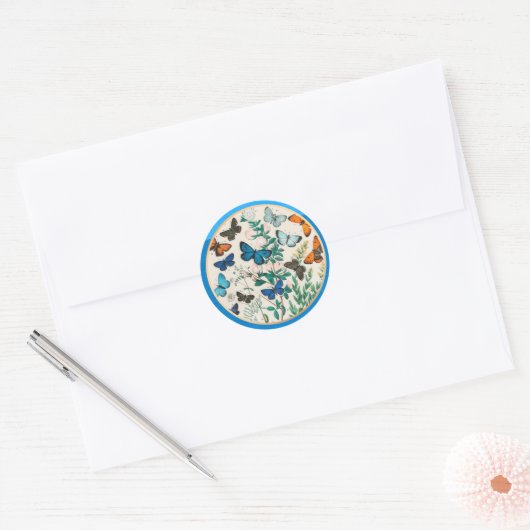 Vlinders, blauwe rand ronde sticker (Envelop)