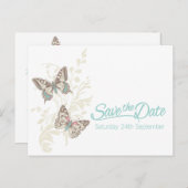 Vlinders blauwgroen witte crème Bewaar de datumkaa Aankondigingskaart (Voorkant / Achterkant)