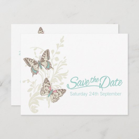 Vlinders blauwgroen witte crème Bewaar de datumkaa Aankondigingskaart (Voorkant / Achterkant)