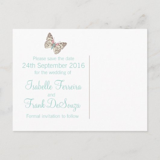 Vlinders blauwgroen witte crème Bewaar de datumkaa Aankondigingskaart (Achterkant)
