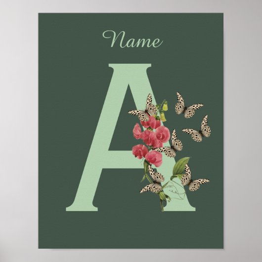 Vlinders Bloem Monogram Eerste A Persoonlijk Poster (Voorkant)