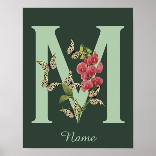 Vlinders Bloem Monogram Eerste Letter M Persoonlij Poster (Voorkant)