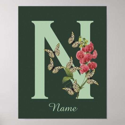 Vlinders Bloem Monogram Eerste Letter N Persoonlij Poster (Voorkant)