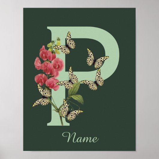 Vlinders Bloem Monogram Eerste Letter P Persoonlij Poster (Voorkant)
