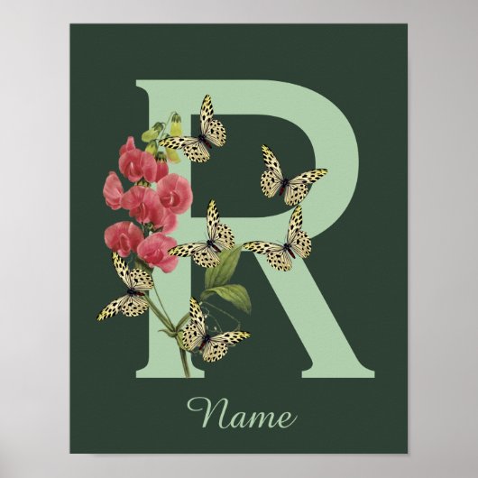 Vlinders Bloem Monogram Eerste Letter R Persoonlij Poster (Voorkant)