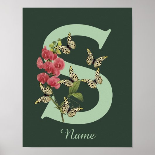 Vlinders Bloem Monogram Eerste Letter S Persoonlij Poster (Voorkant)