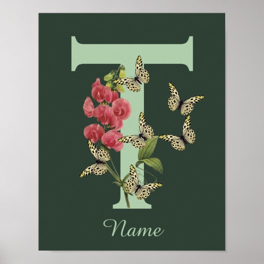 Vlinders Bloem Monogram Eerste Letter T Persoonlij Poster (Voorkant)